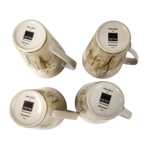 Set Of 4 Cheri Blum For 222 Fifth Narcissus Coffee Mugs Floral Design 12 Oz Beig - Picture 9 of 10
